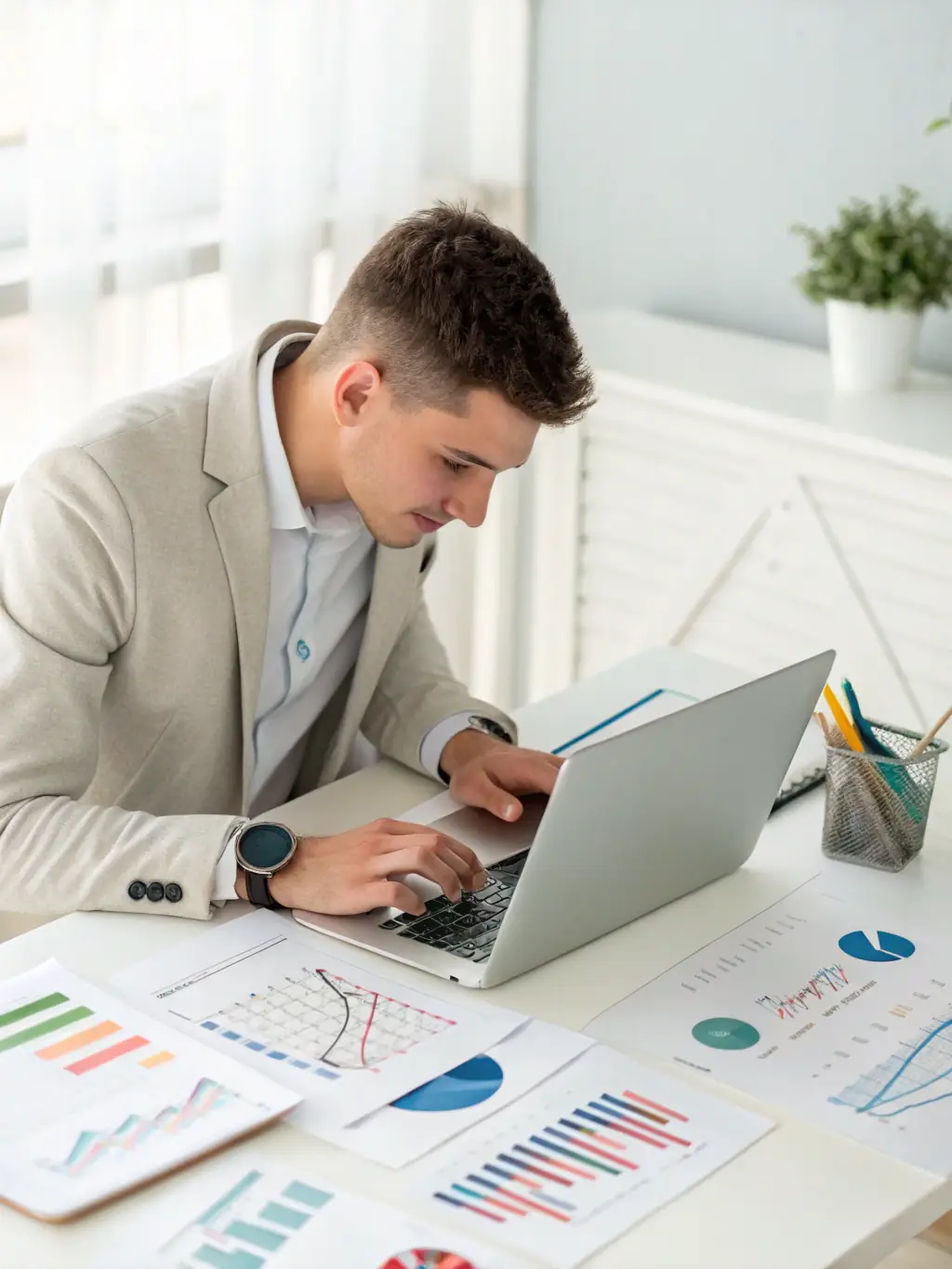 An image of a consultant reviewing financial documents with a young startup founder in a modern office setting, symbolizing financial planning.